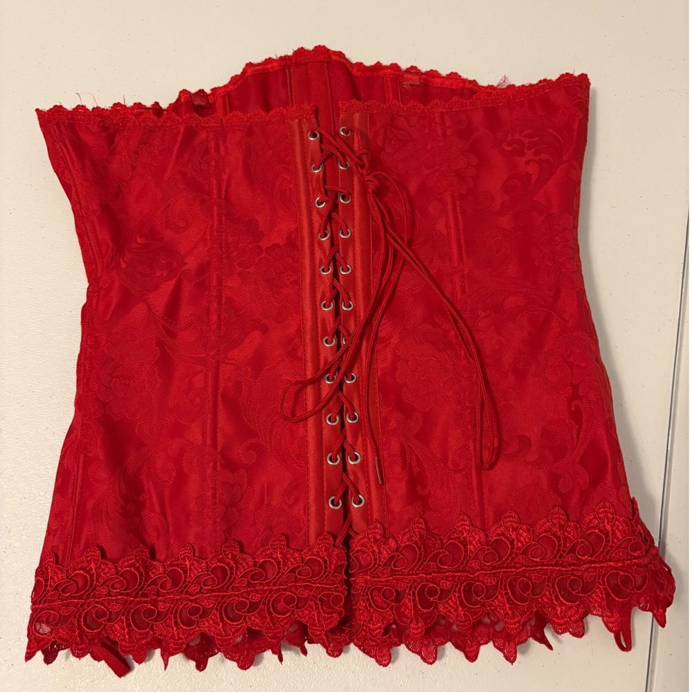 Fredericks of Hollywood Red Damask Lace Up Corset Floral Jacquard Vintage g5